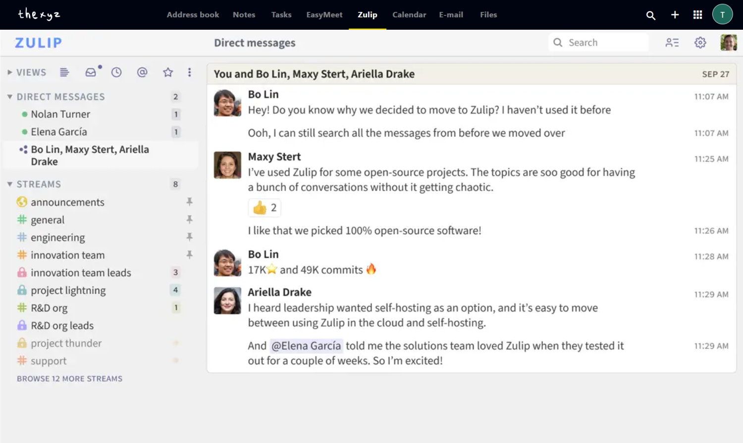 Zulip in Thexyz Webmail - streams and topics